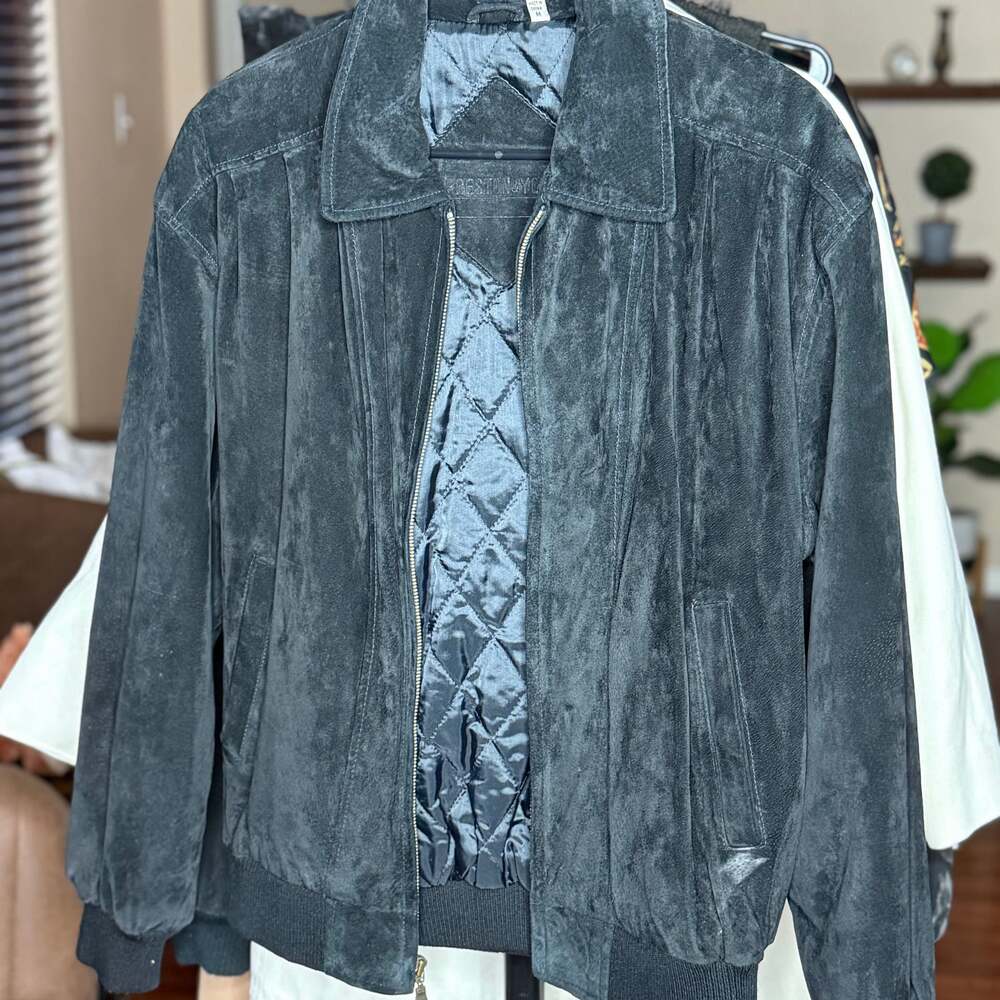 Vintage Preston & York Black Suede Bomber Jacket - Quilted Lining, Mens M